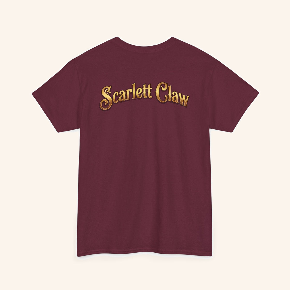 Back of a burgundy Scarlett Claw T-shirt with gold lettering.