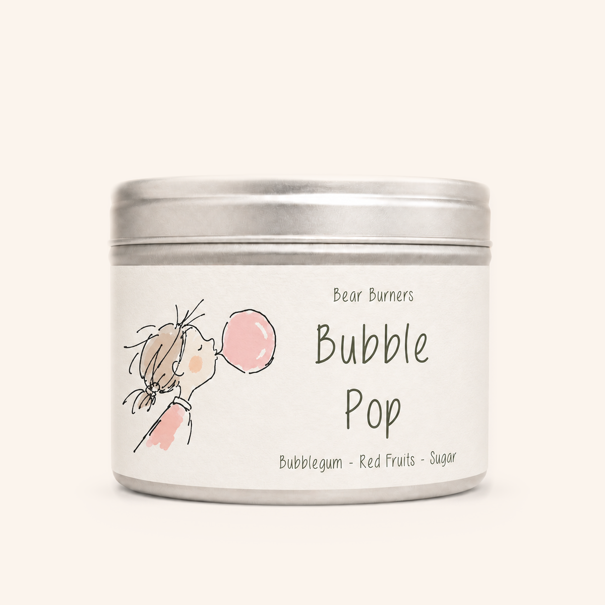 Bubble Pop candle in a silver lidded tin with an illustrated cream label.