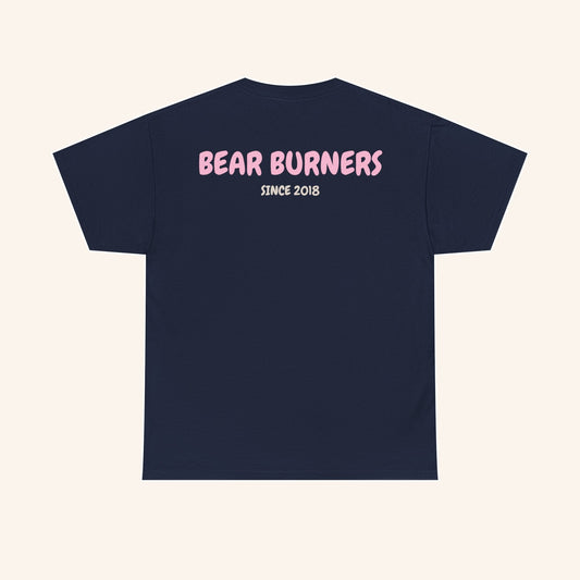 Back of a navy T-shirt with pink Bear Burners lettering.