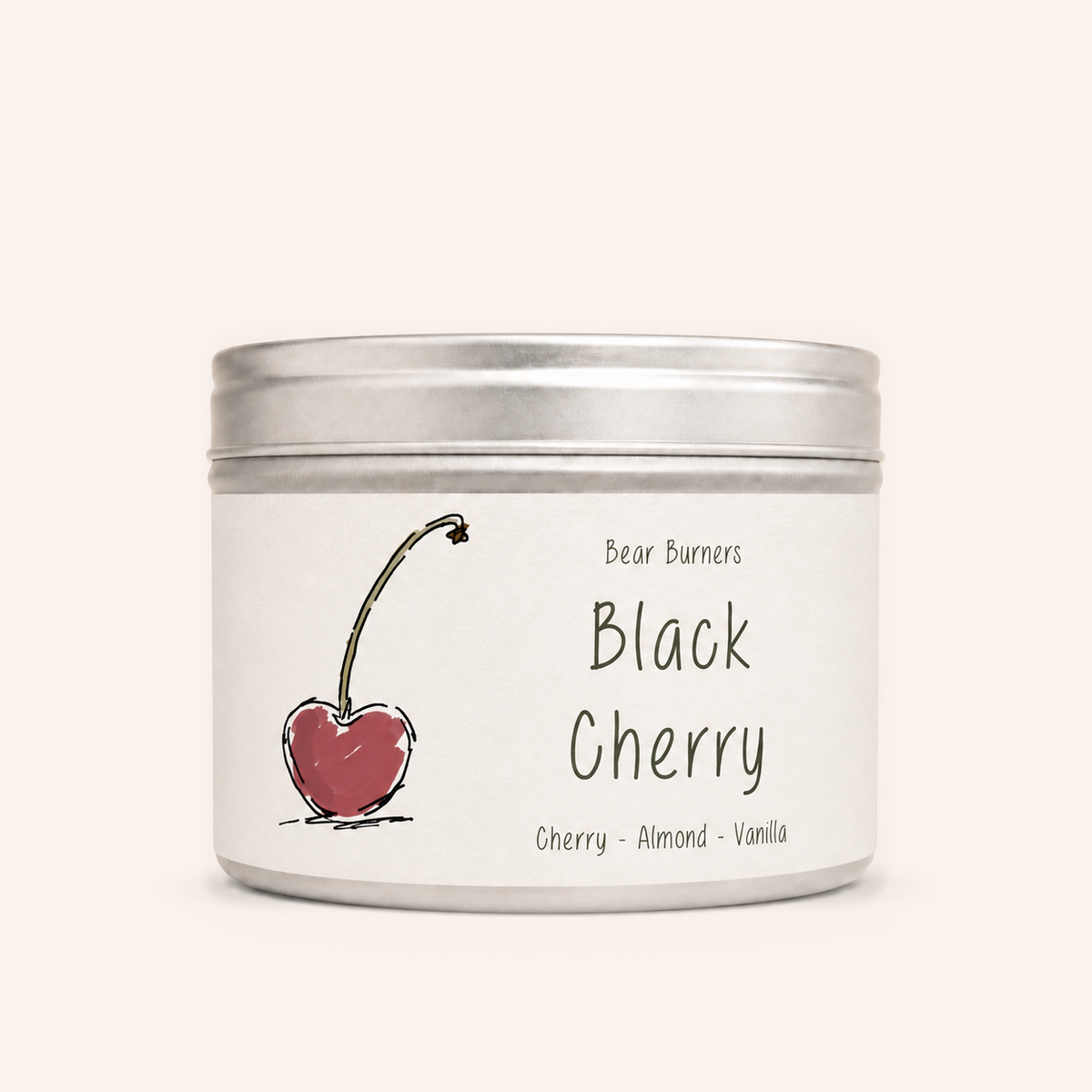 Black Cherry candle in a silver lidded tin with an illustrated cream label.