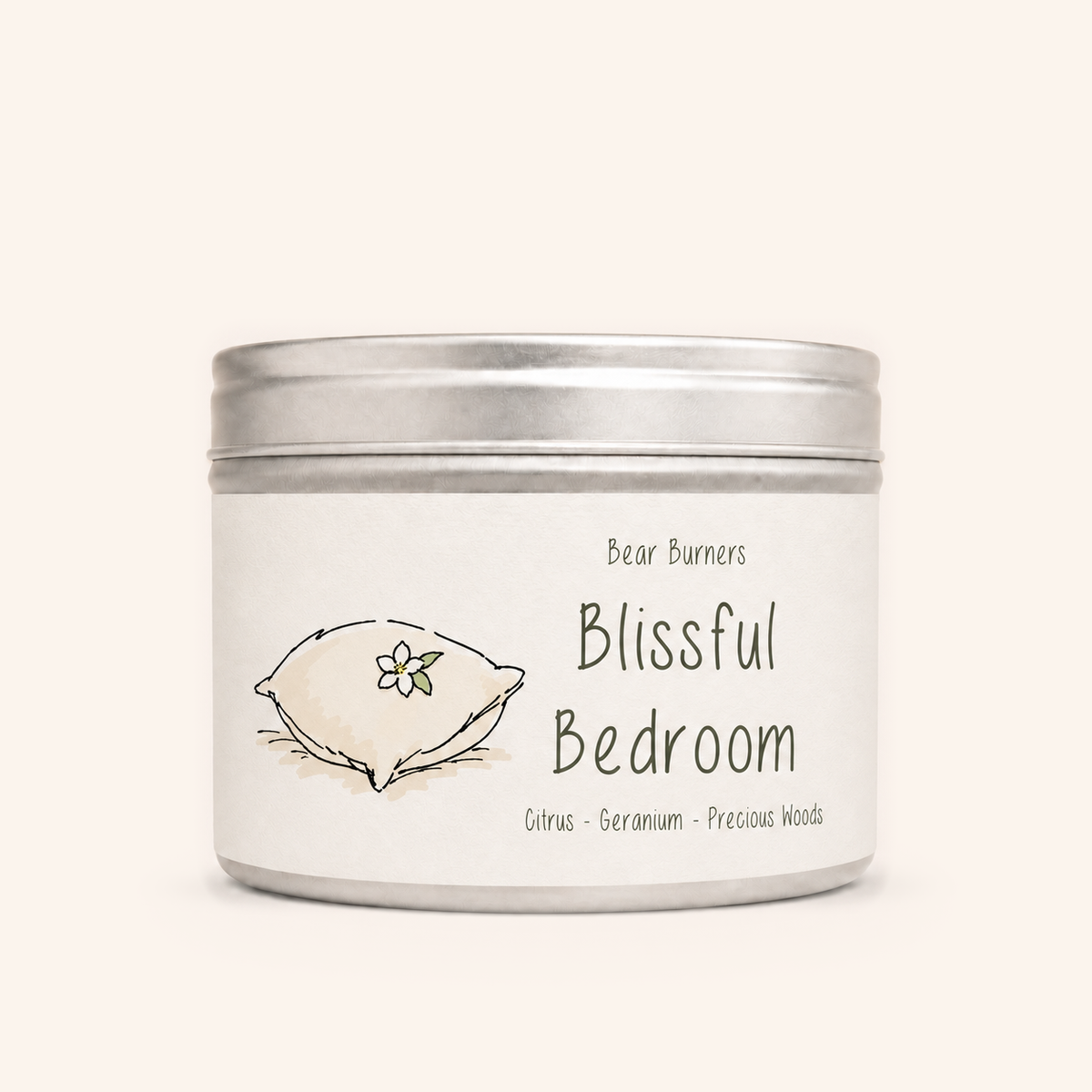 Blissful Bedroom candle in a silver lidded tin with an illustrated cream label.