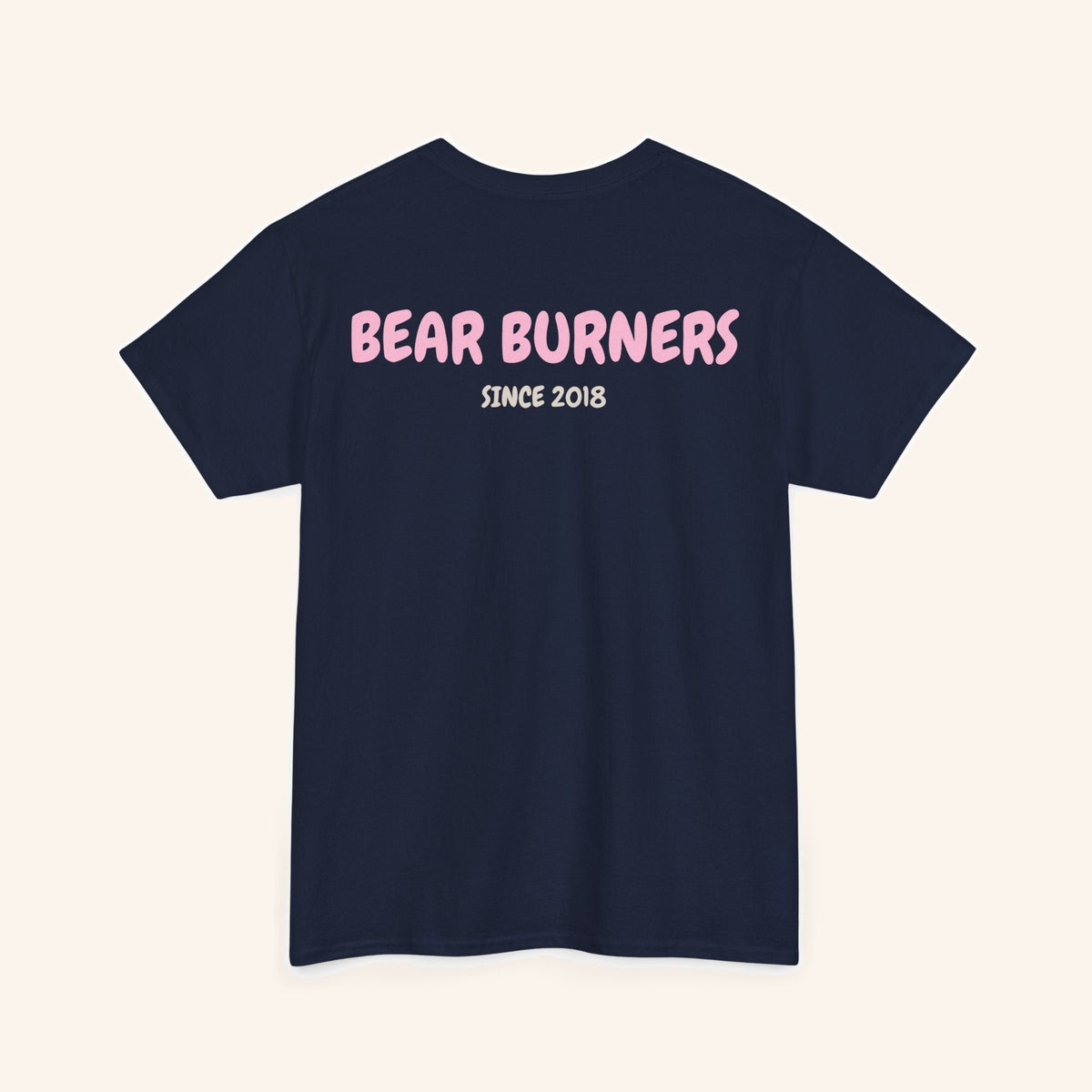 Back of a navy T-shirt with pink Bear Burners lettering.