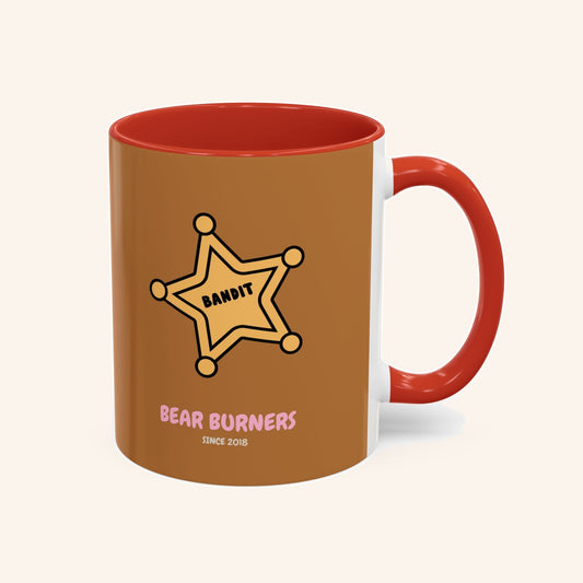Reverse of the Bandit mug showing a sheriff star and red interior.