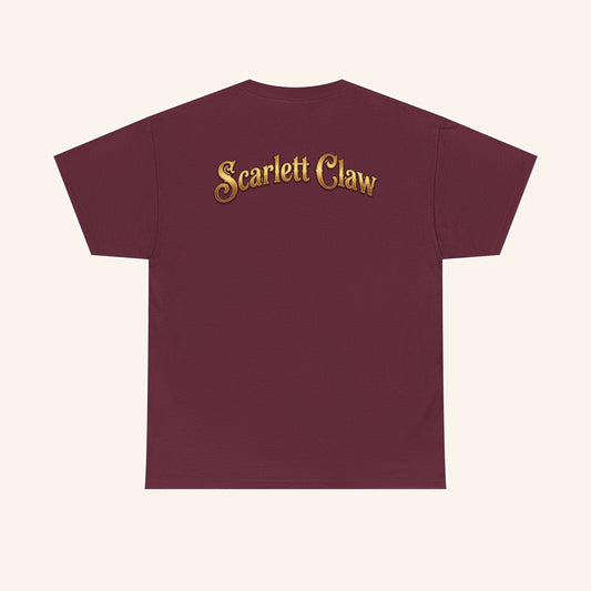 Back of a burgundy Scarlett Claw T-shirt with gold lettering.