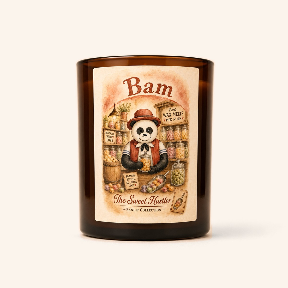 Bam candle in an amber jar with an illustrated character label.