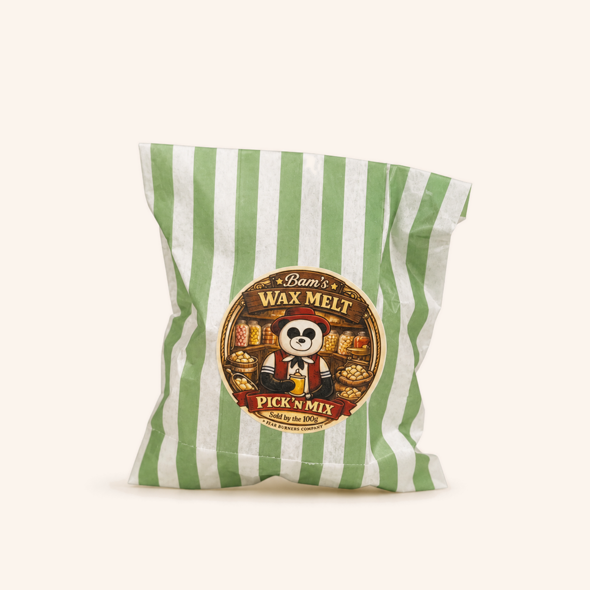 Green and cream striped Bam’s Wax Melt Pick ’n’ Mix bag with a round sweet-shop label.