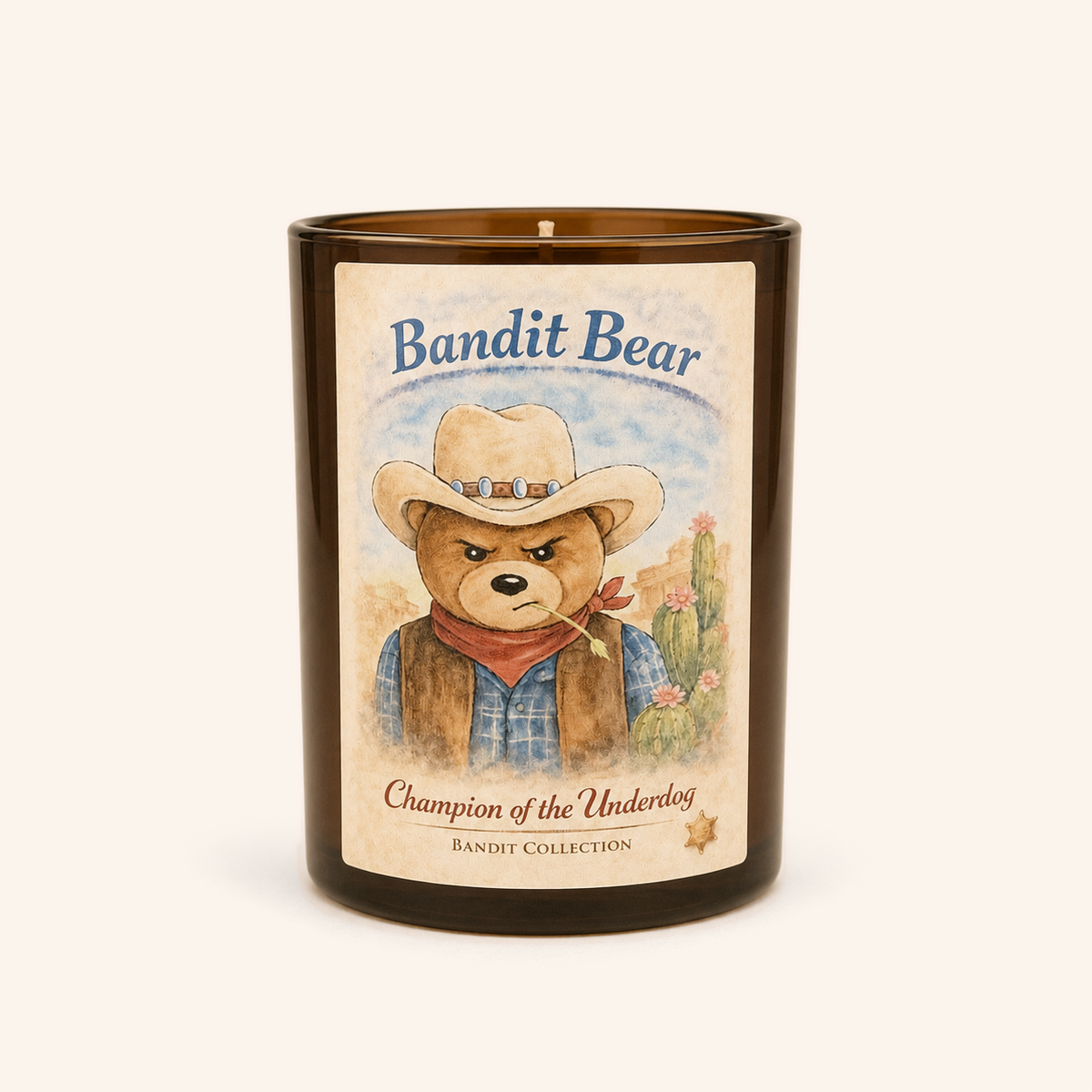 Bandit candle in an amber jar with a cowboy bear portrait label.