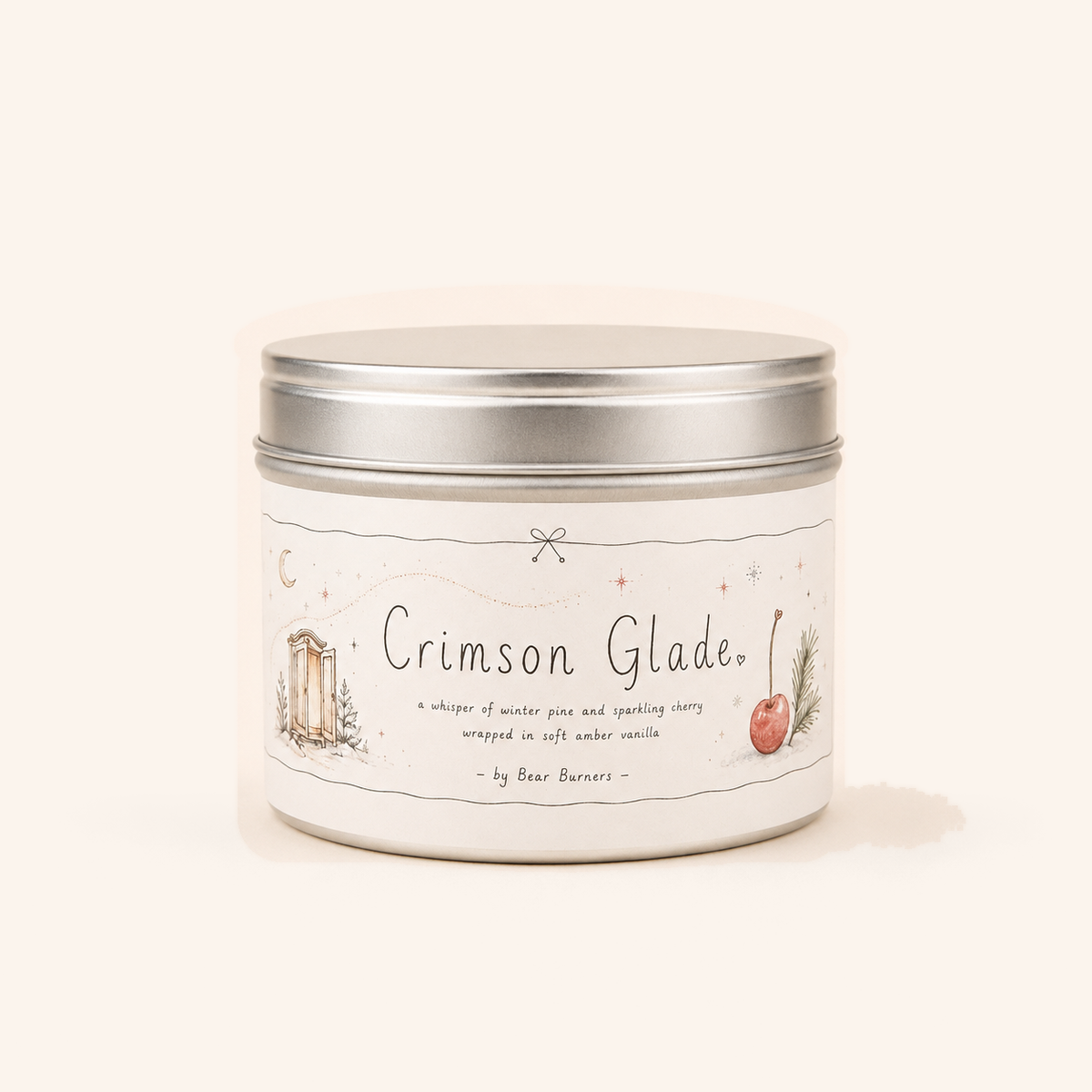 Crimson Glade candle in a silver lidded tin with an illustrated cream label.