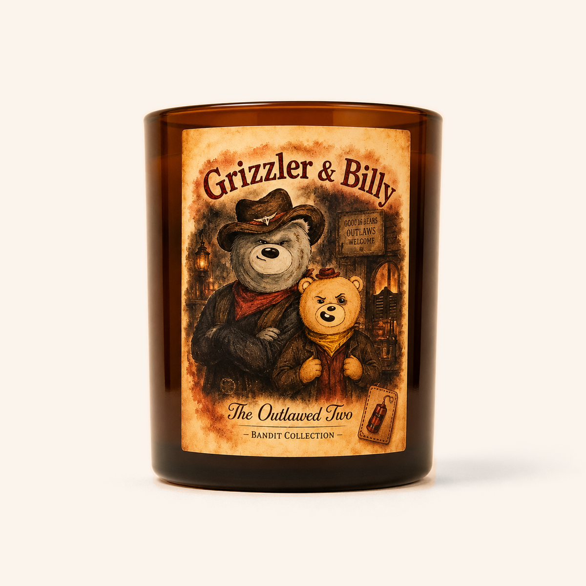 Grizzler and Billy candle in an amber jar with an illustrated character label.