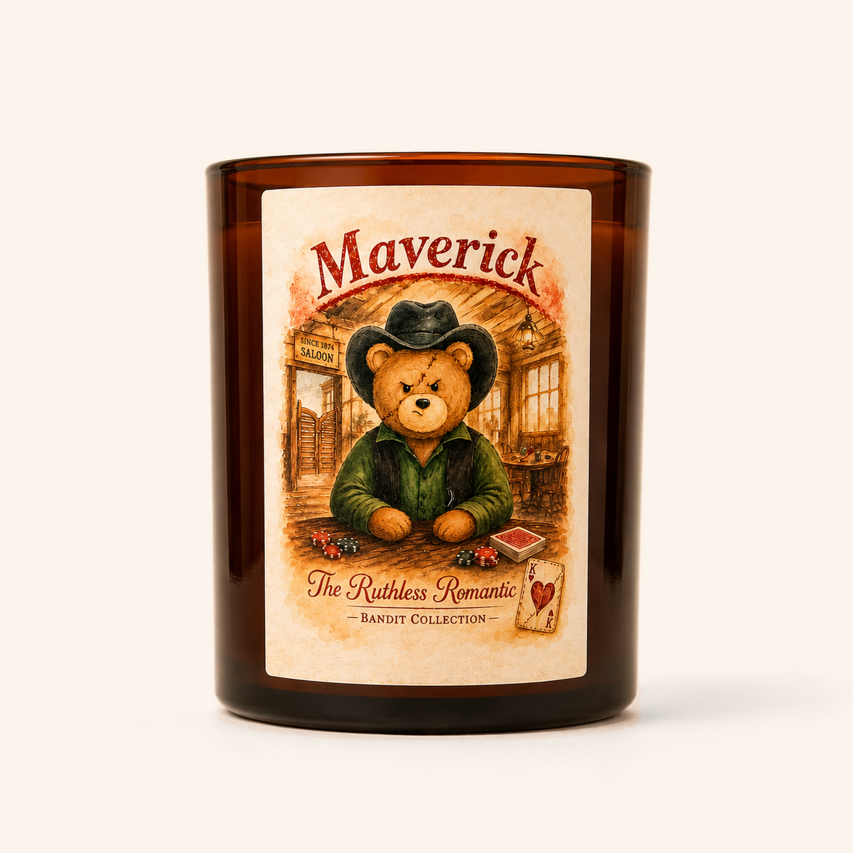 Maverick candle in an amber jar with an illustrated character label.