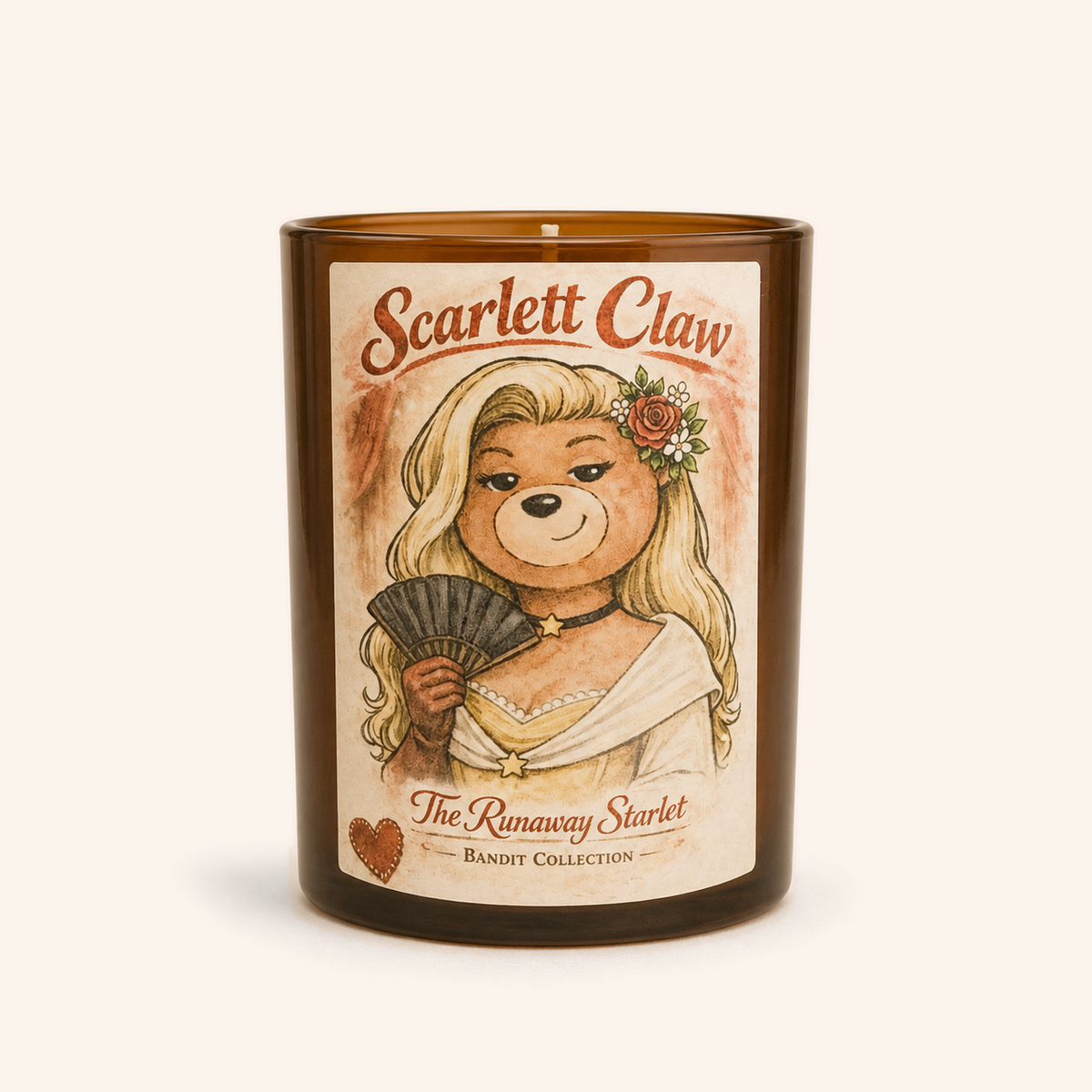 Scarlett Claw candle in an amber jar with her illustrated portrait label.