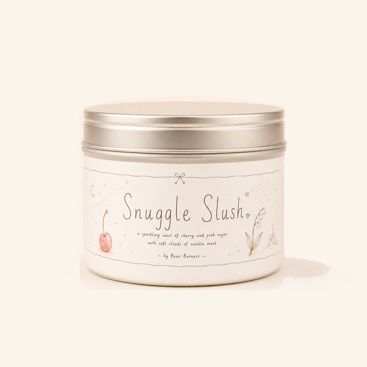 Snuggle Slush candle in a silver lidded tin with an illustrated cream label.