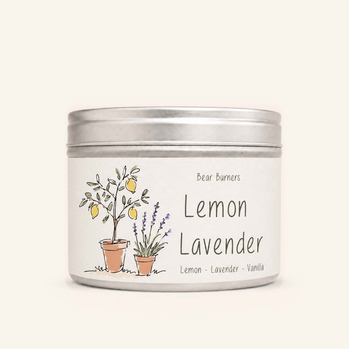 Lemon Lavender candle in a silver lidded tin with an illustrated cream label.