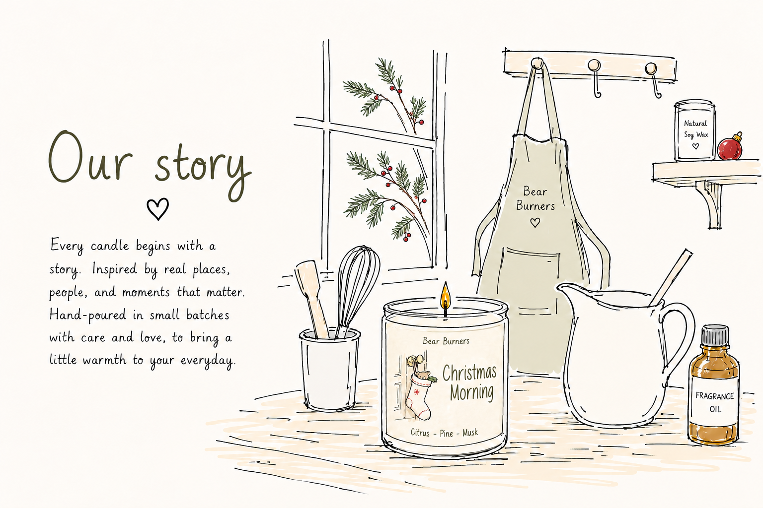 A hand-drawn Bear Burners workshop with a Christmas Morning candle, apron, pouring jug and fragrance oil