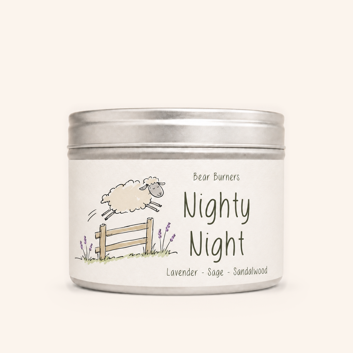 Nighty Night candle in a silver lidded tin with an illustrated cream label.