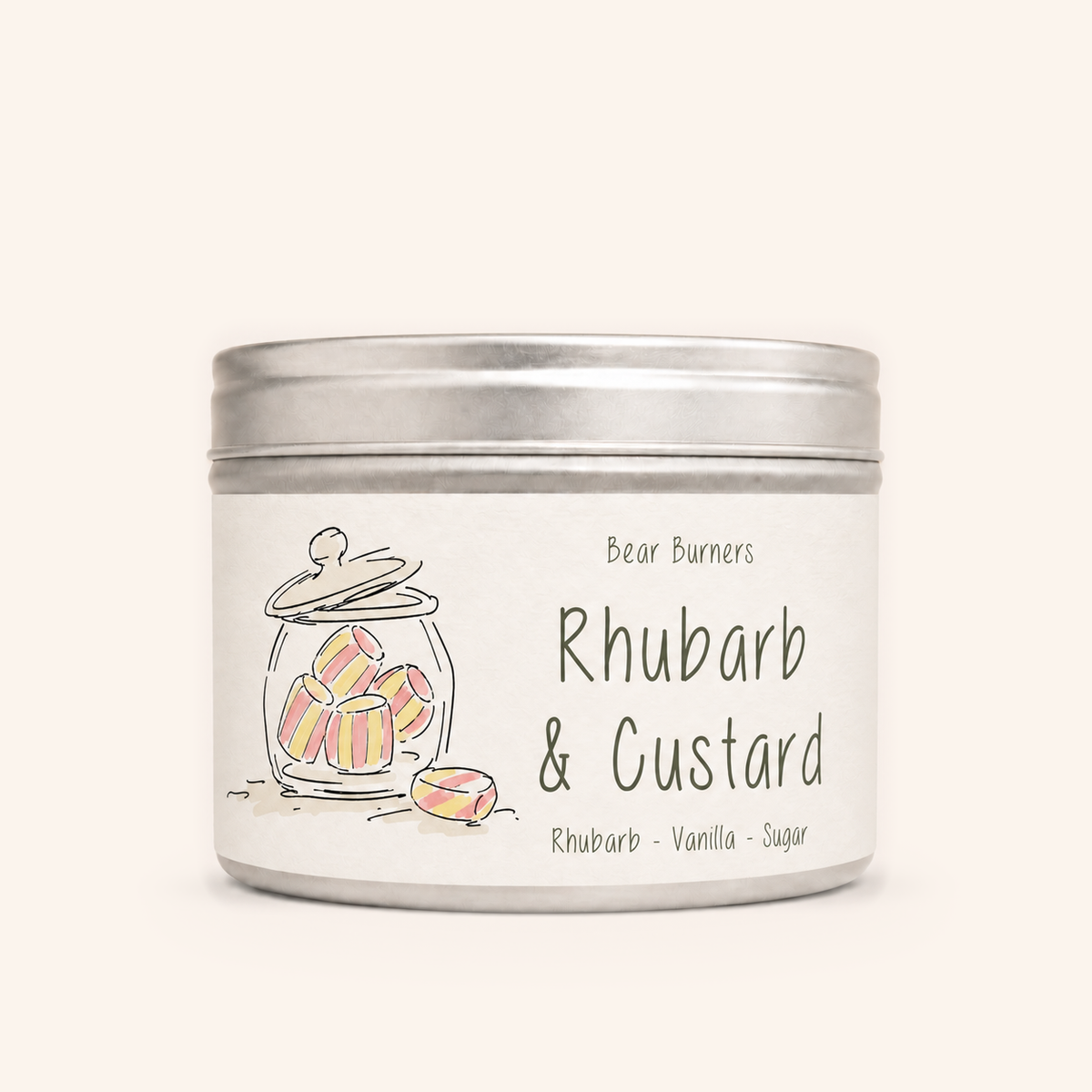 Rhubarb & Custard candle in a silver lidded tin with an illustrated cream label.