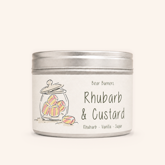 Rhubarb & Custard candle in a silver lidded tin with an illustrated cream label.