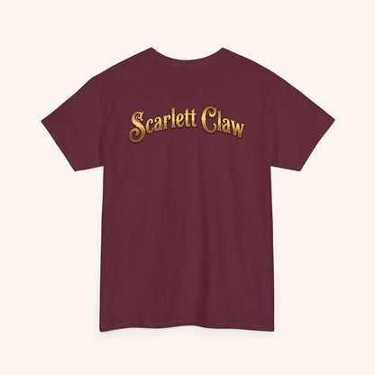Back of a burgundy Scarlett Claw T-shirt with gold lettering.