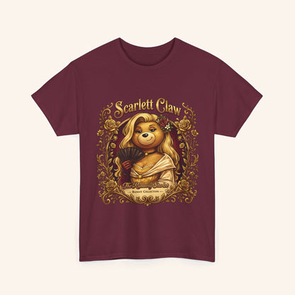 Front of a burgundy Scarlett Claw T-shirt with an ornate character portrait.