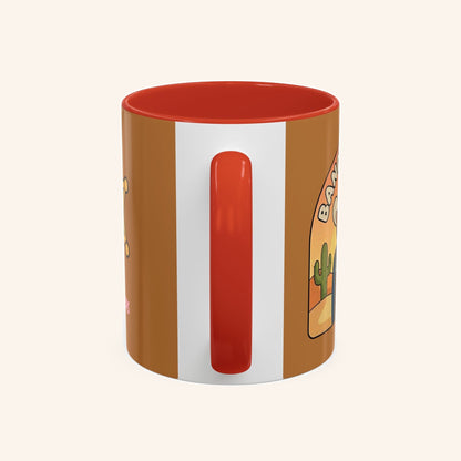 Handle-side view of the red-handled Bandit mug.