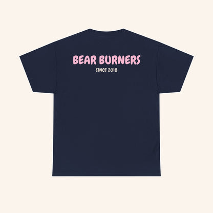 Back of a navy T-shirt with pink Bear Burners lettering.
