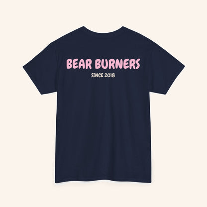 Back of a navy T-shirt with pink Bear Burners lettering.