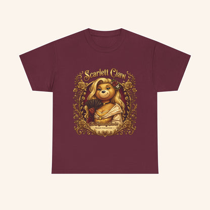 Front of a burgundy Scarlett Claw T-shirt with an ornate character portrait.
