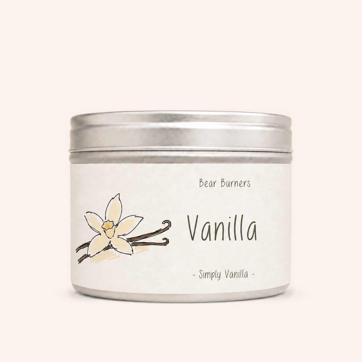 Vanilla candle in a silver lidded tin with an illustrated cream label.