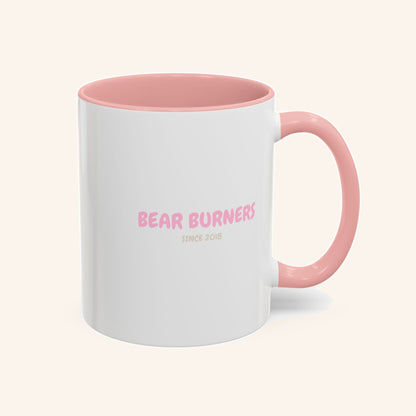 Reverse of the pink-handled mug with Bear Burners lettering.