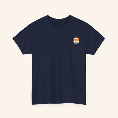 Front of a navy Bear Burners T-shirt with a small candle logo on the chest.