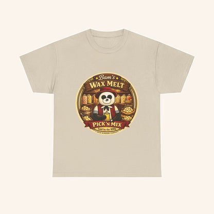 Front of a cream Bam’s Pick ’n’ Mix T-shirt with a large sweet-shop illustration.