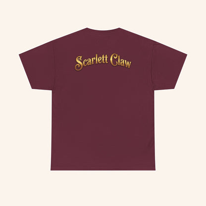 Back of a burgundy Scarlett Claw T-shirt with gold lettering.