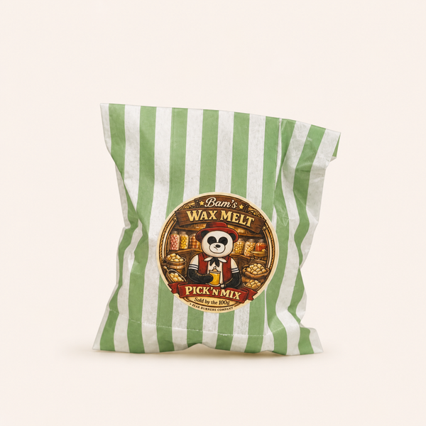 Green and cream striped Bam’s Wax Melt Pick ’n’ Mix bag with a round sweet-shop label.