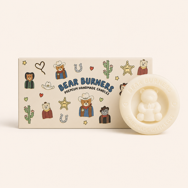 Bandit character-patterned wax pack box beside a cream round bear wax disc.
