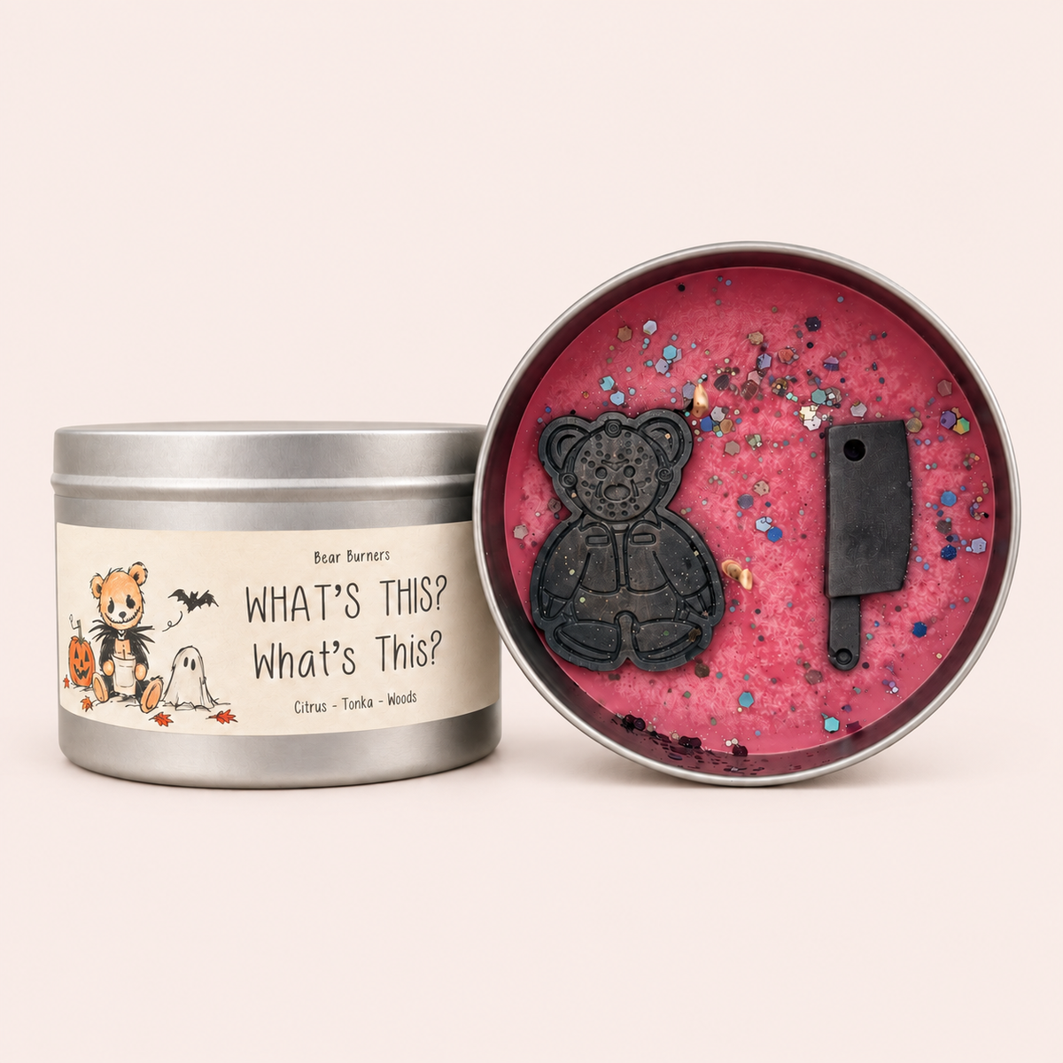 September Candle Club candle, What’s This? What’s This?, with pink wax and decorative black wax shapes