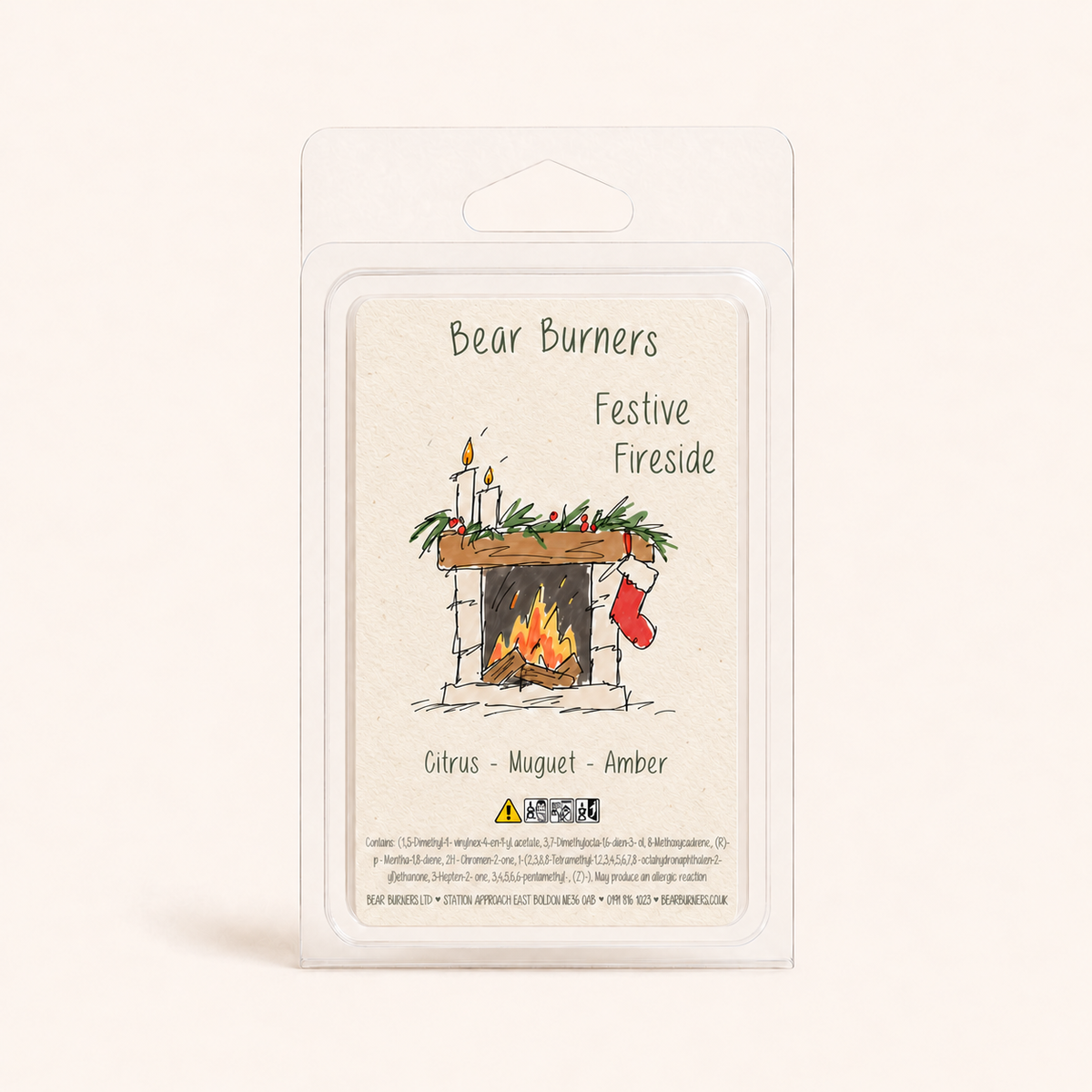 Festive Fireside Christmas wax melt clamshell by Bear Burners