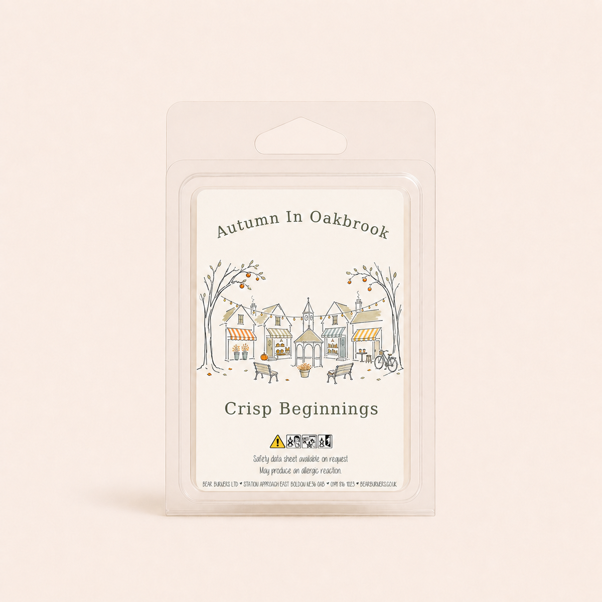 Crisp Beginnings wax melt clamshell with an Autumn in Oakbrook village label.