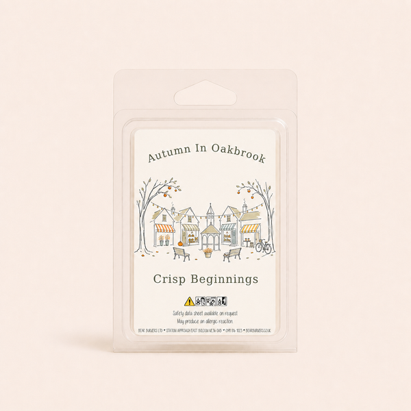 Crisp Beginnings wax melt clamshell with an Autumn in Oakbrook village label.